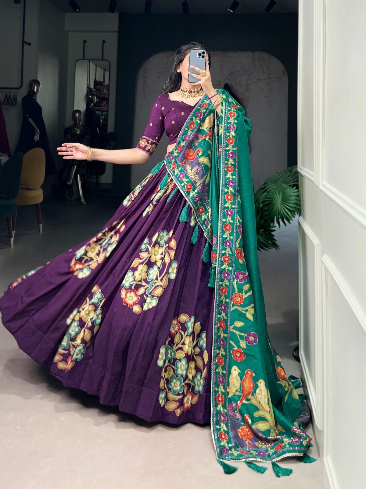 Royal Purple Floral Print Lehenga with Bottle Green Embroidered Dupatta