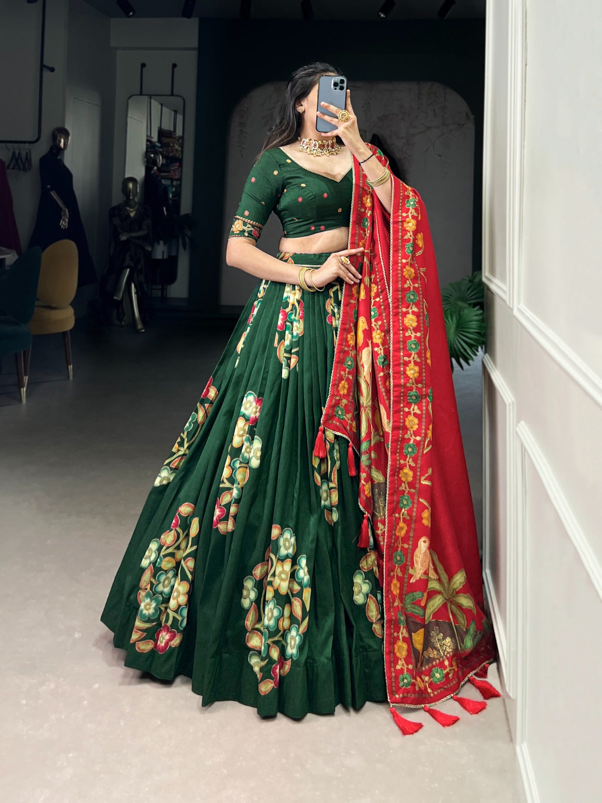 Emerald Green Floral Embroidered Lehenga Set with Red Dupatta