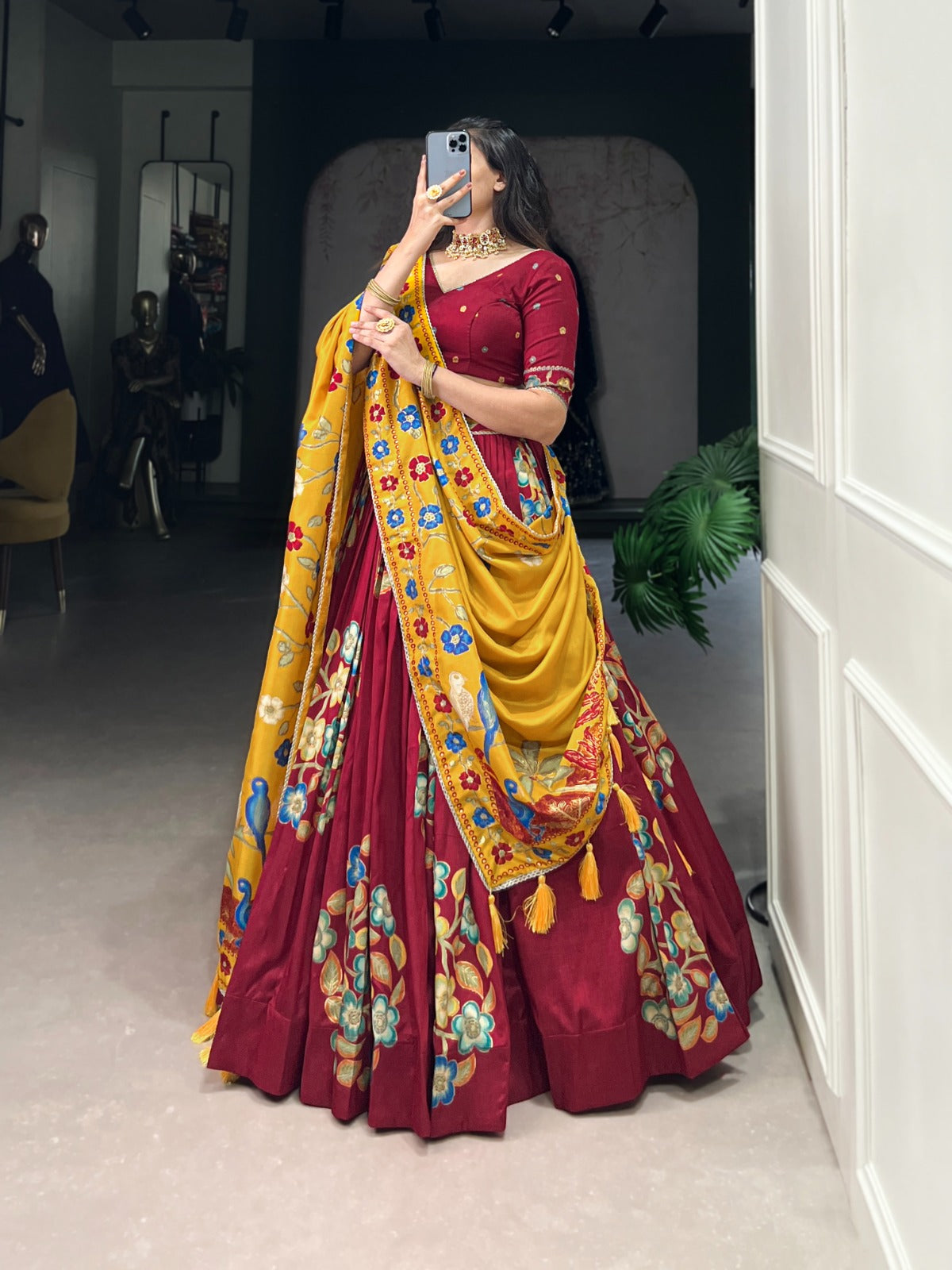 Maroon Designer Lehenga Set with Mustard Yellow Floral Dupatta