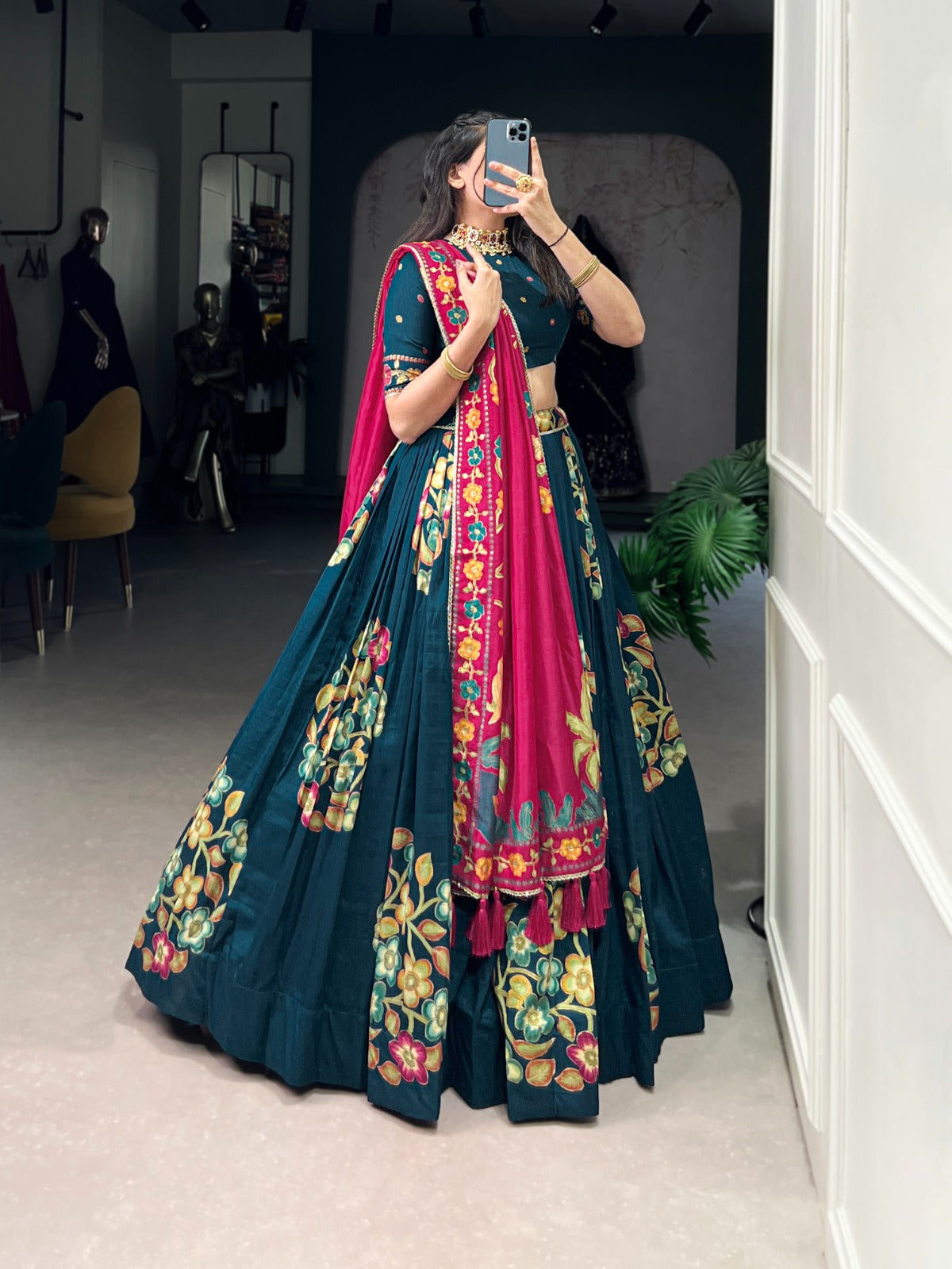 Peacock Blue Floral Embroidered Lehenga Set with Pink Dupatta