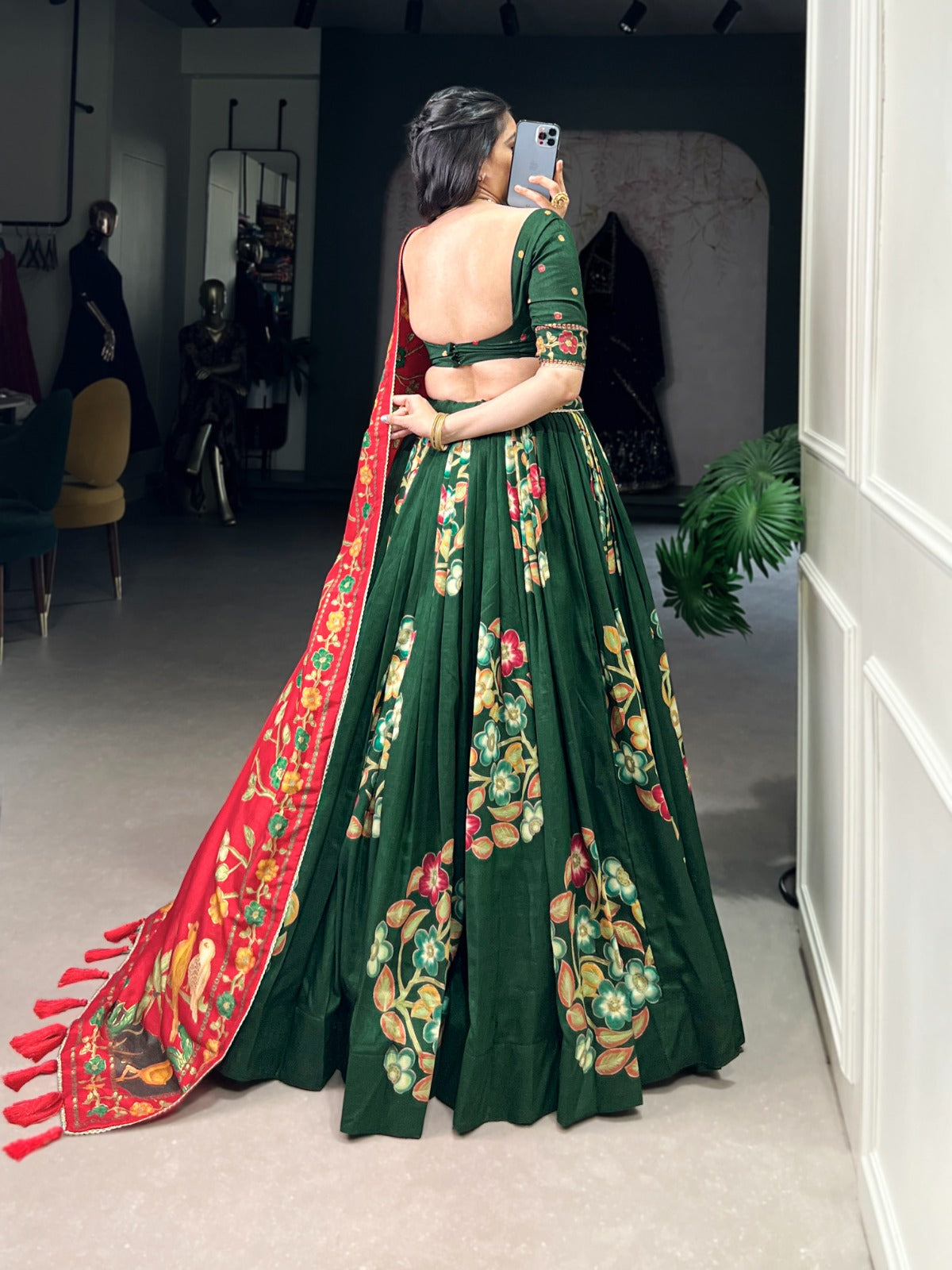 Emerald Green Floral Embroidered Lehenga Set with Red Dupatta