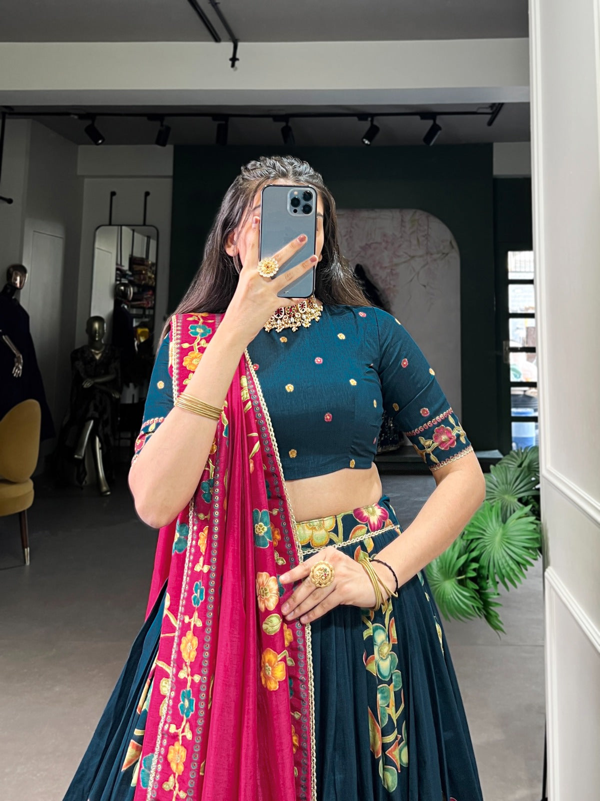Peacock Blue Floral Embroidered Lehenga Set with Pink Dupatta