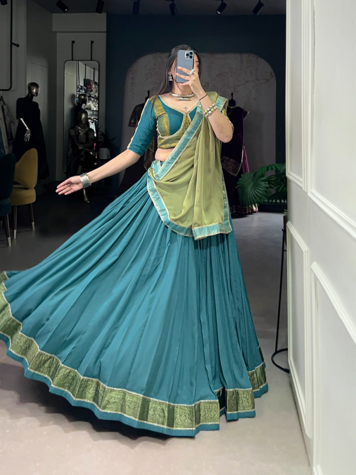 Teal Green Silk Flared Lehenga Choli with Olive Dupatta & Zari Border