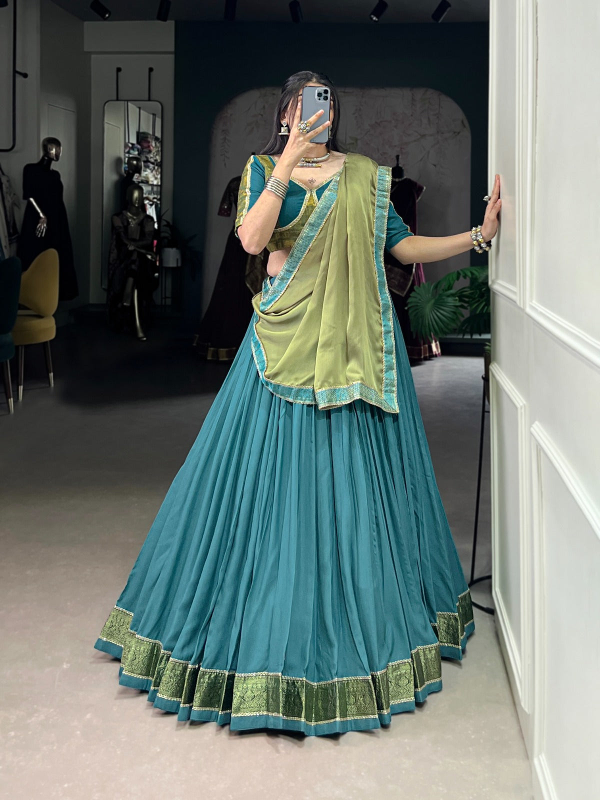 Teal Green Silk Flared Lehenga Choli with Olive Dupatta & Zari Border