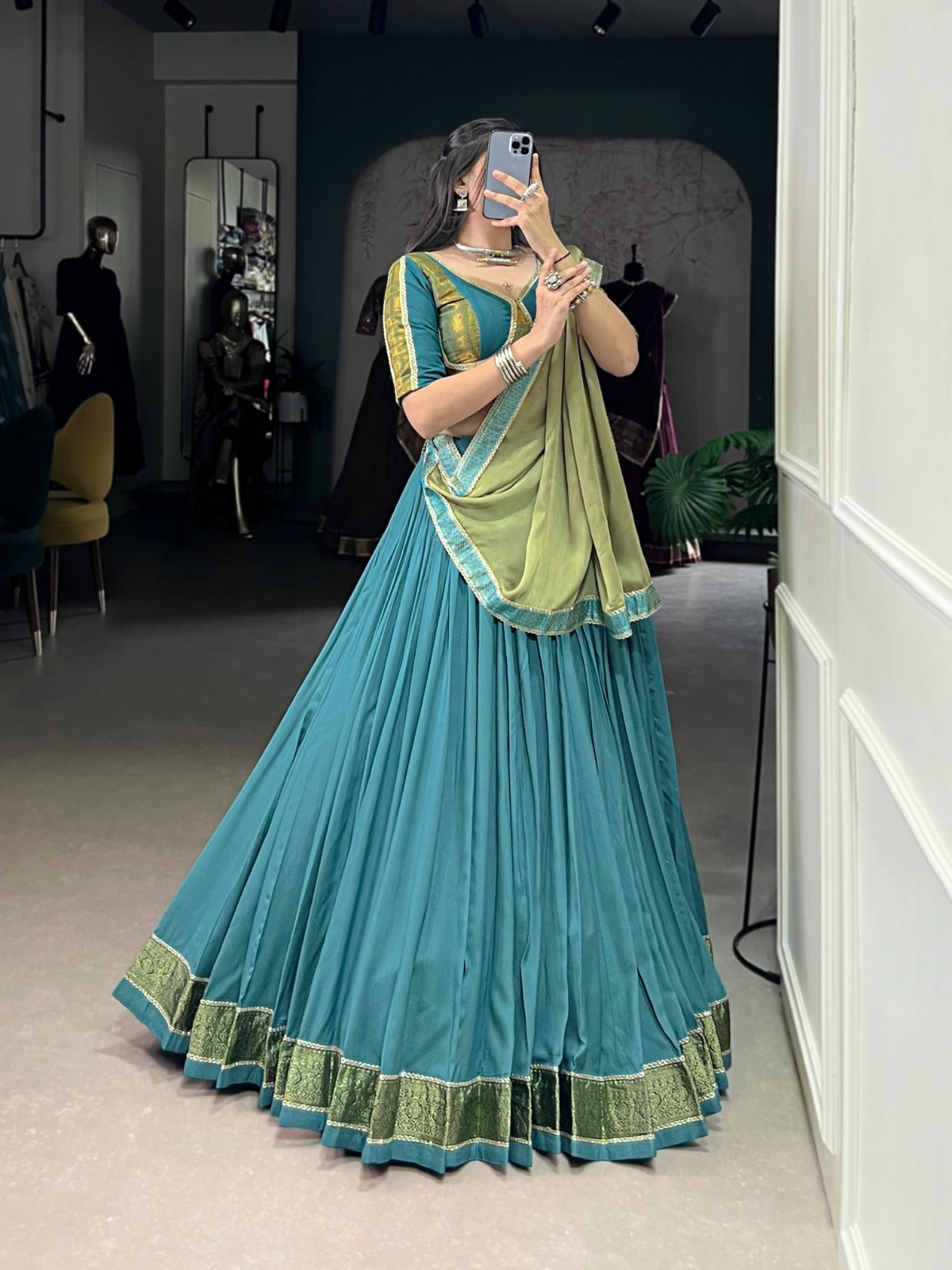 Teal Green Silk Flared Lehenga Choli with Olive Dupatta & Zari Border