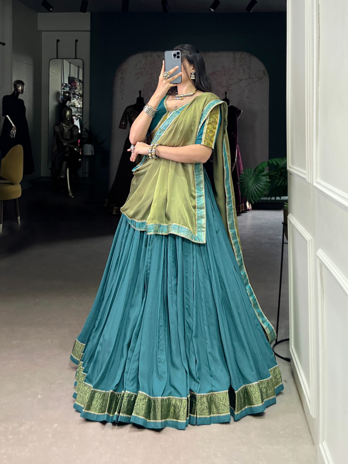 Teal Green Silk Flared Lehenga Choli with Olive Dupatta & Zari Border