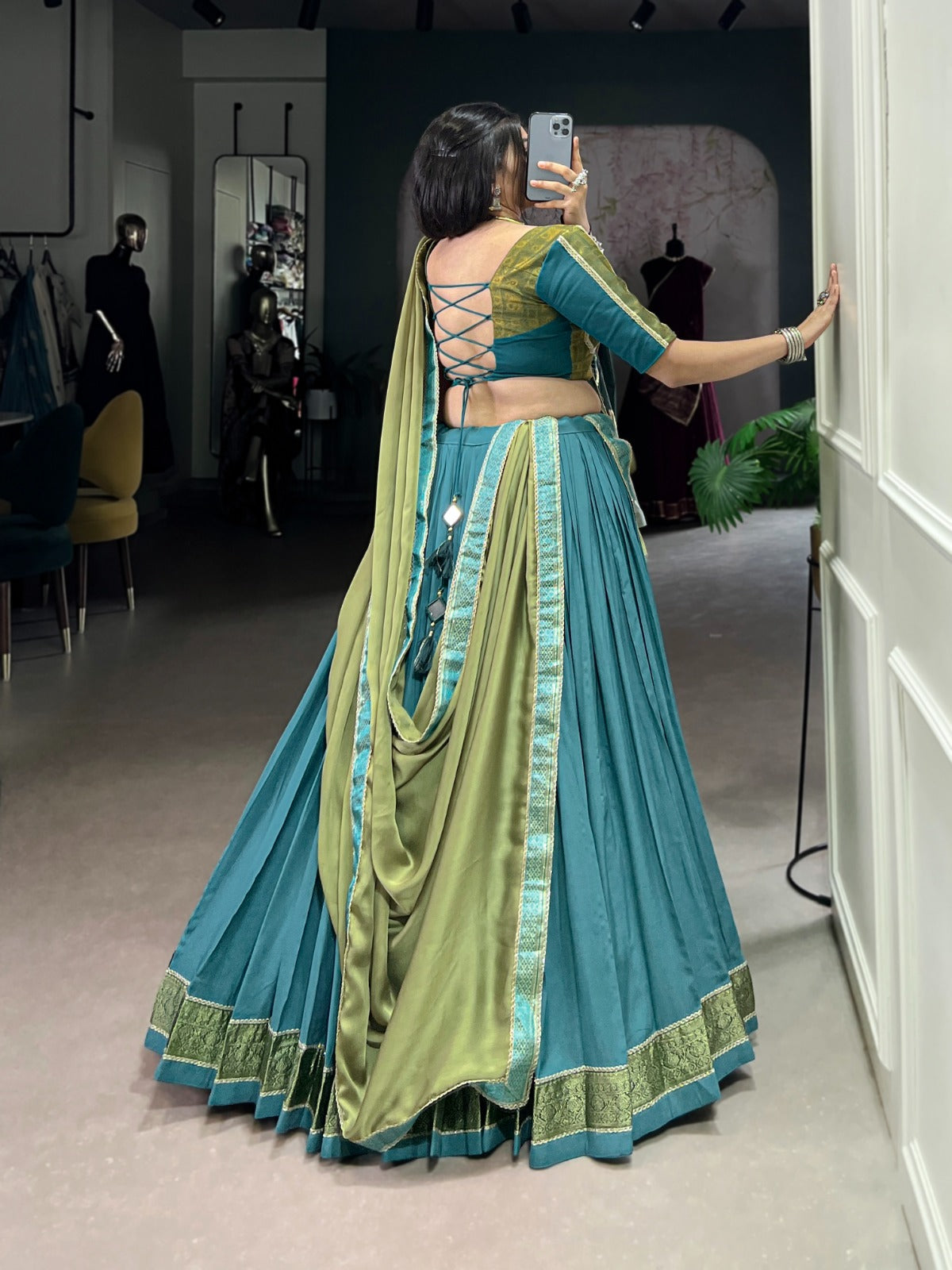 Teal Green Silk Flared Lehenga Choli with Olive Dupatta & Zari Border