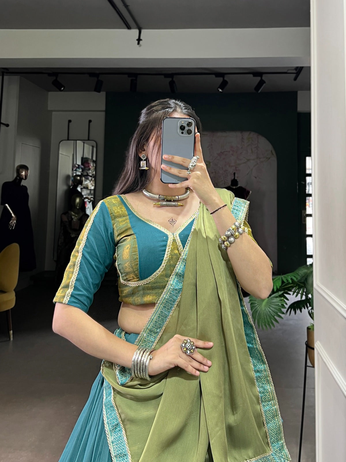 Teal Green Silk Flared Lehenga Choli with Olive Dupatta & Zari Border