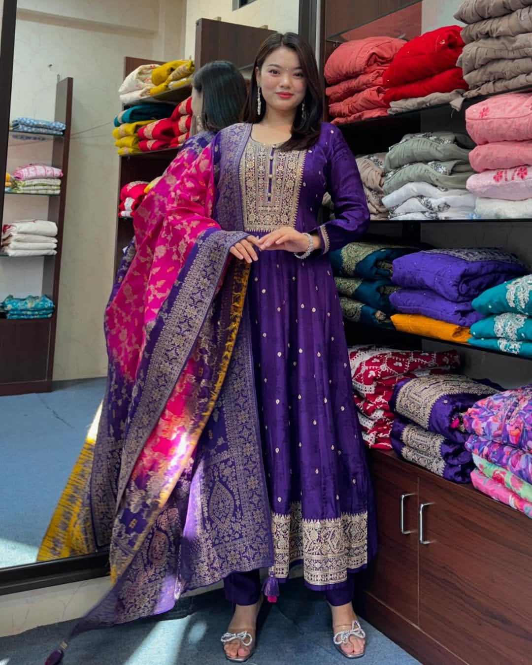 Royal Purple Embroidered Anarkali Suit with Banarasi Dupatta