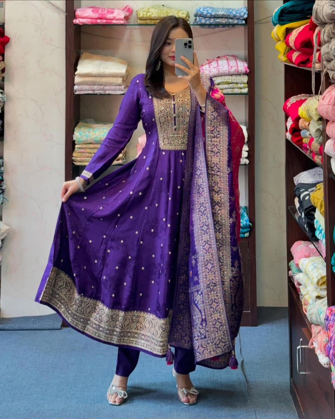Royal Purple Embroidered Anarkali Suit with Banarasi Dupatta