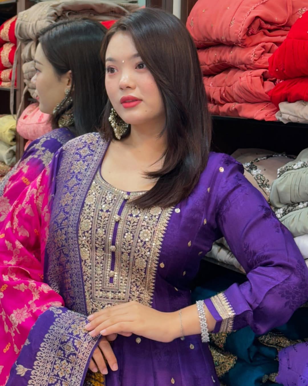 Royal Purple Embroidered Anarkali Suit with Banarasi Dupatta