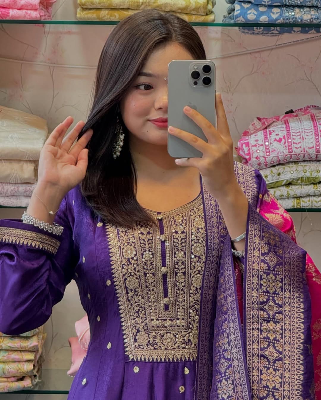 Royal Purple Embroidered Anarkali Suit with Banarasi Dupatta