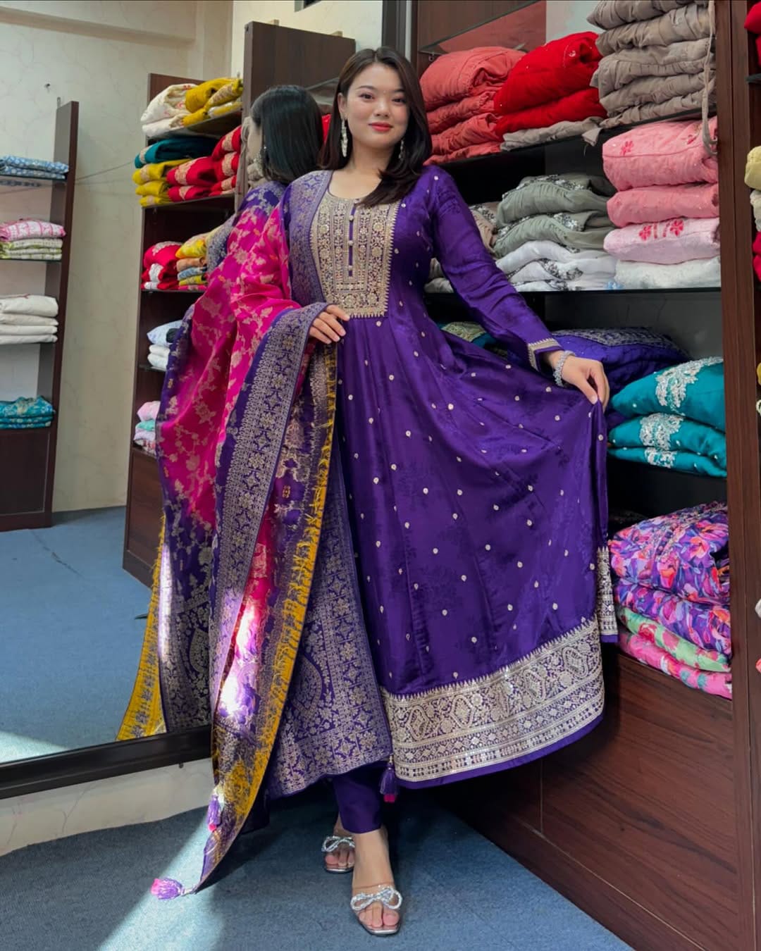 Royal Purple Embroidered Anarkali Suit with Banarasi Dupatta