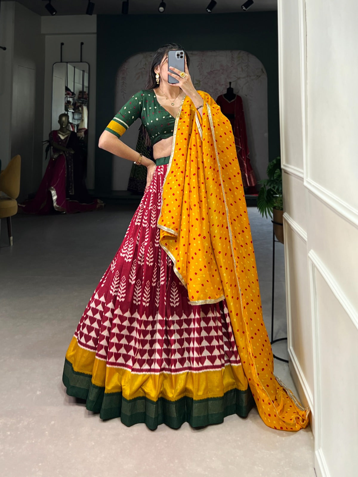 Traditional Bandhani Dupatta with Patola Lehenga & Green Blouse Set