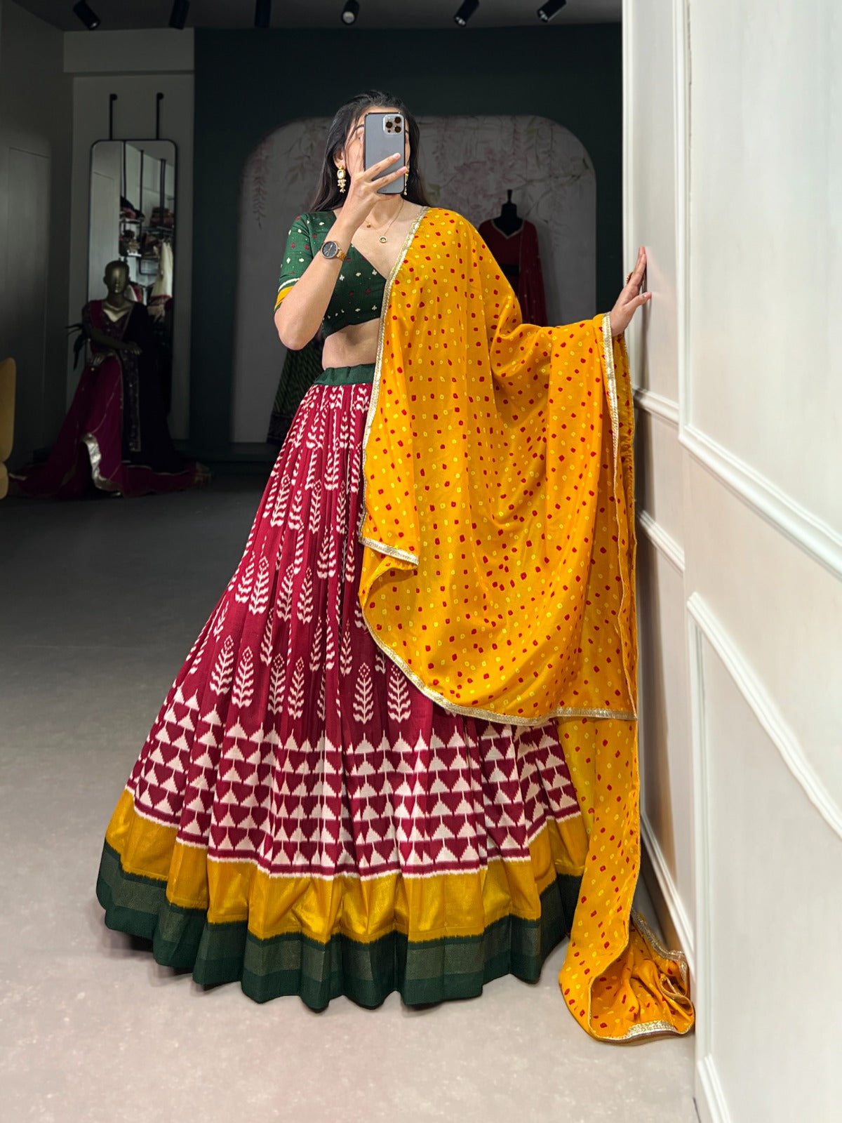Traditional Bandhani Dupatta with Patola Lehenga & Green Blouse Set