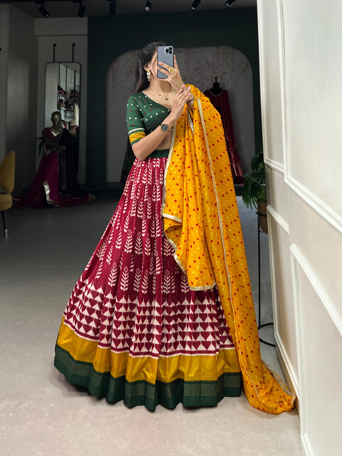 Traditional Bandhani Dupatta with Patola Lehenga & Green Blouse Set