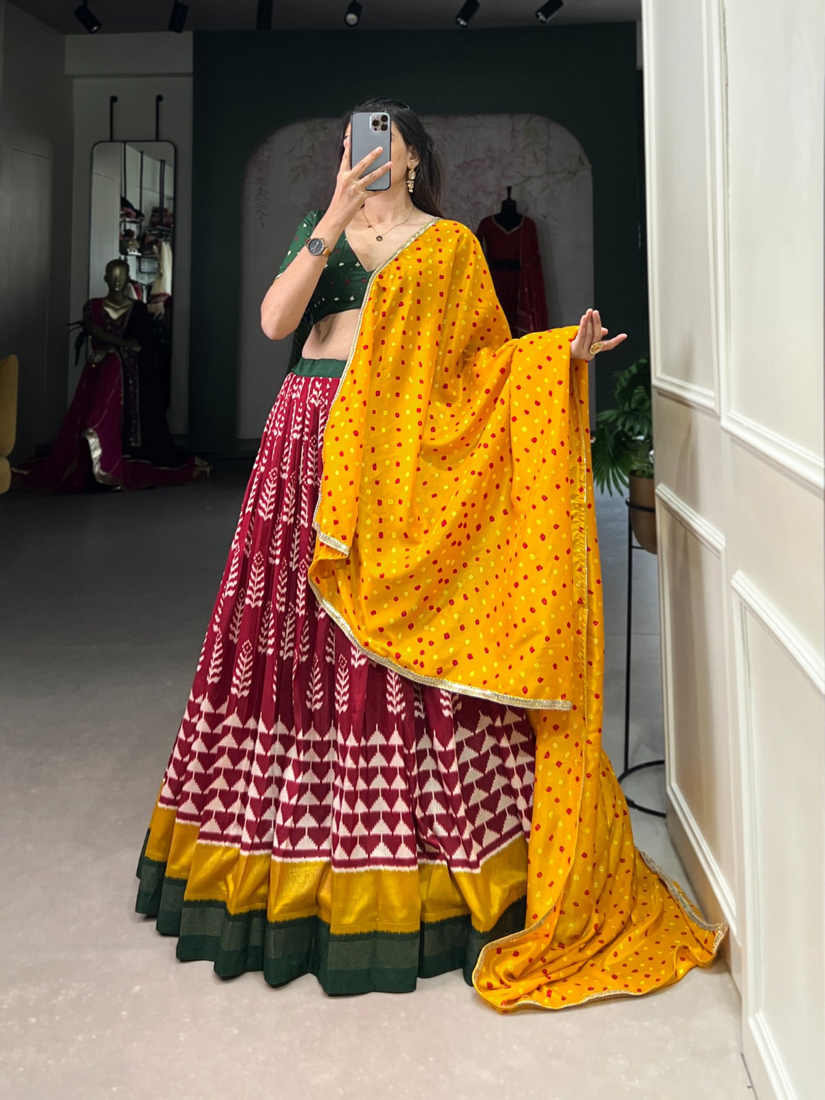 Traditional Bandhani Dupatta with Patola Lehenga & Green Blouse Set