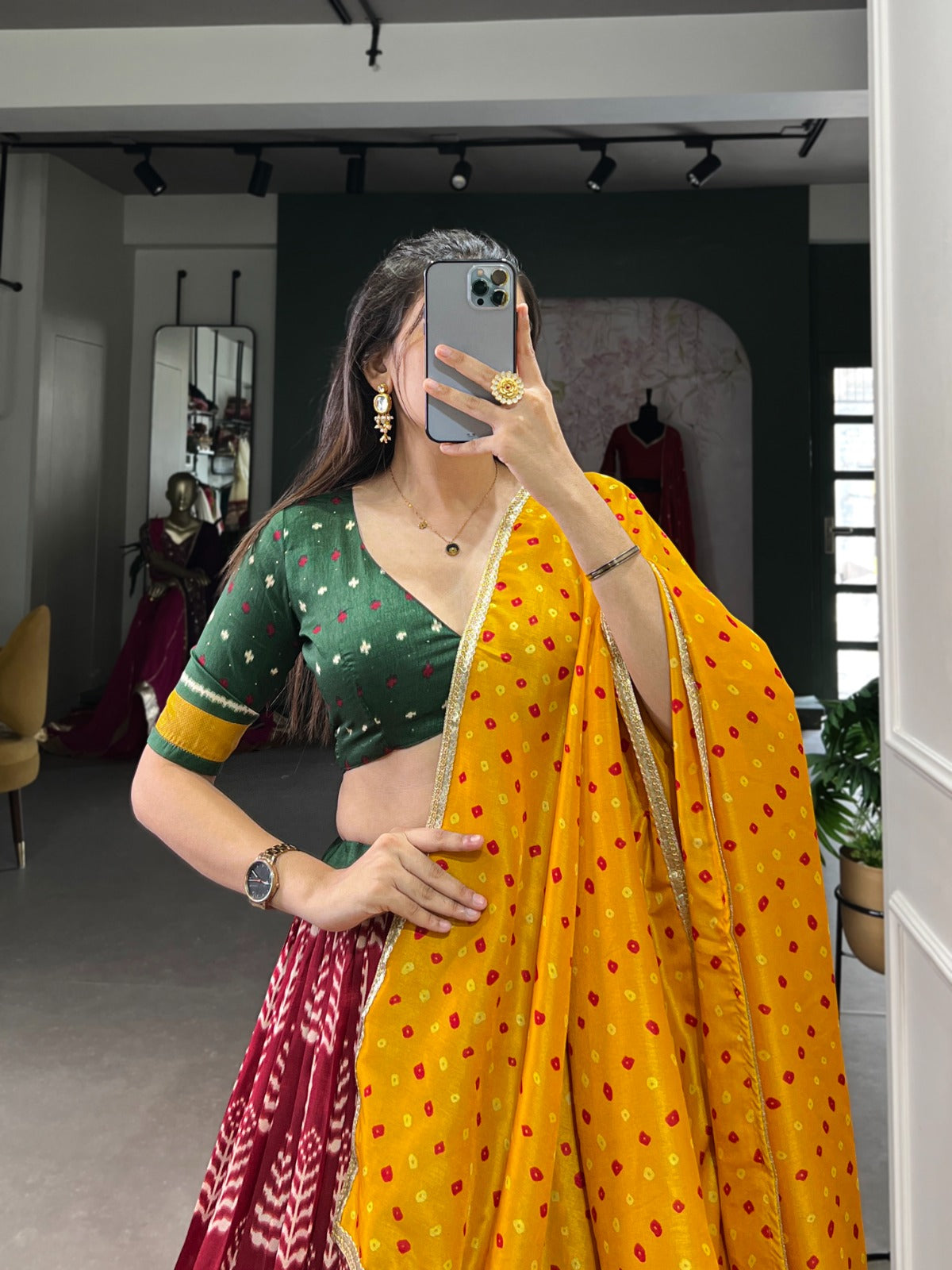 Traditional Bandhani Dupatta with Patola Lehenga & Green Blouse Set