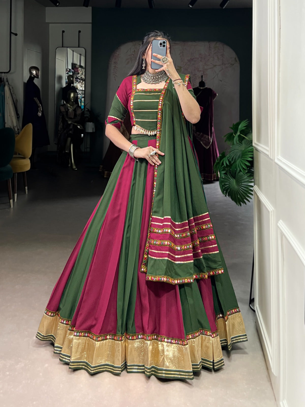 Elegant Dual-Tone Green & Wine Lehenga Choli with Mirror Work Detailing and Gold Border