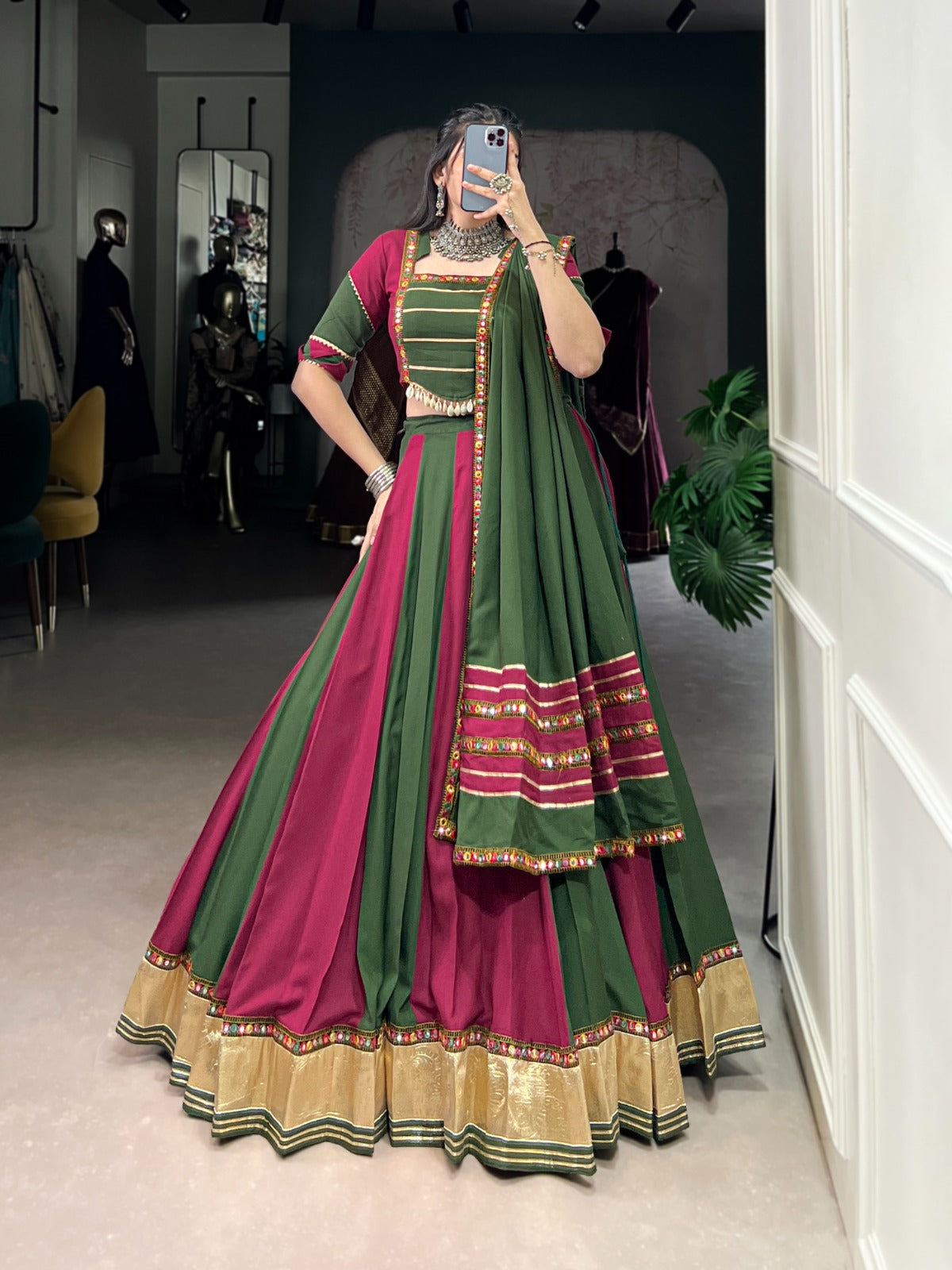 Elegant Dual-Tone Green & Wine Lehenga Choli with Mirror Work Detailing and Gold Border
