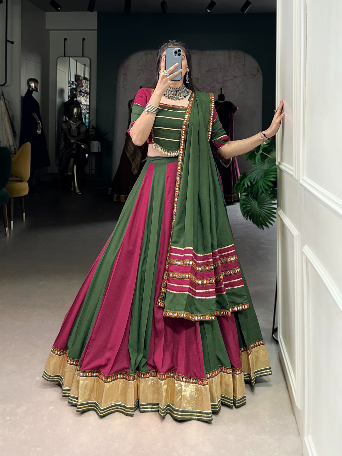 Elegant Dual-Tone Green & Wine Lehenga Choli with Mirror Work Detailing and Gold Border