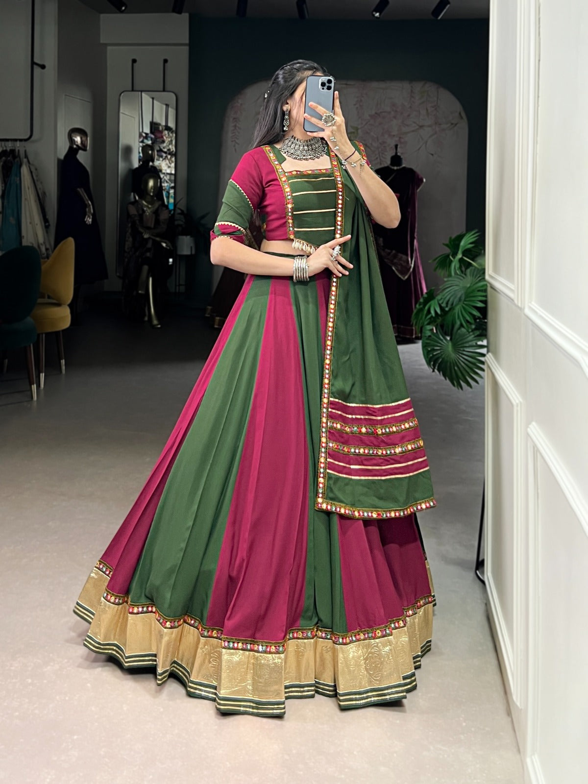 Elegant Dual-Tone Green & Wine Lehenga Choli with Mirror Work Detailing and Gold Border