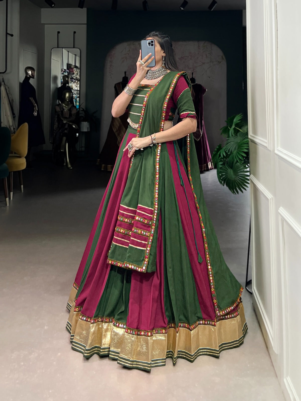 Elegant Dual-Tone Green & Wine Lehenga Choli with Mirror Work Detailing and Gold Border