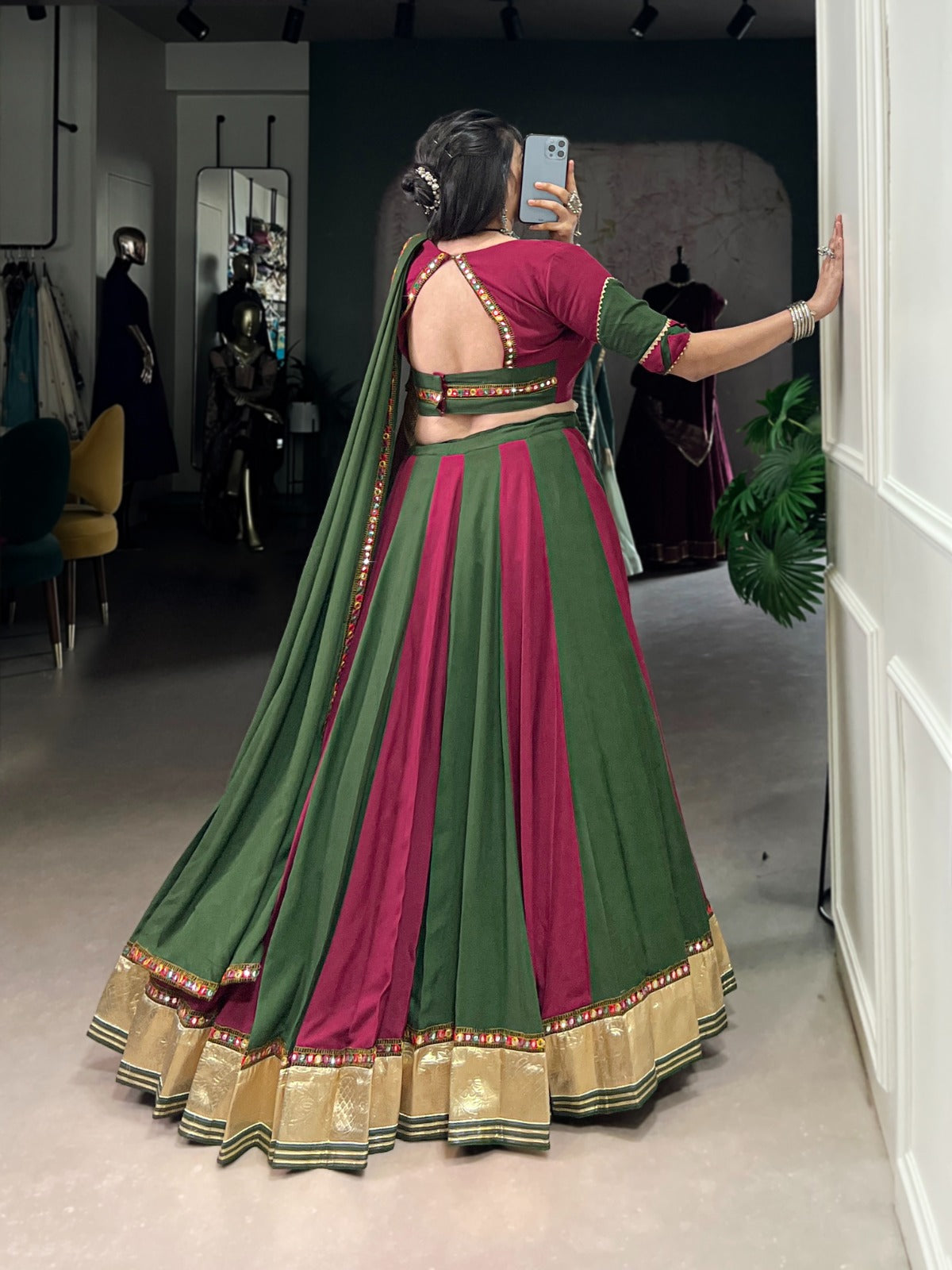Elegant Dual-Tone Green & Wine Lehenga Choli with Mirror Work Detailing and Gold Border