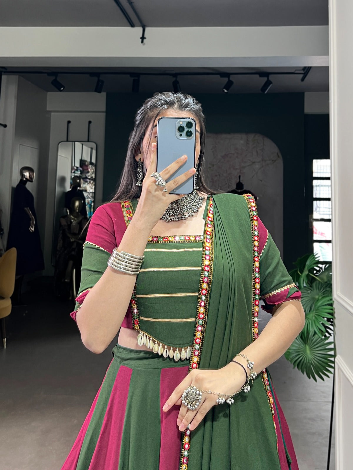 Elegant Dual-Tone Green & Wine Lehenga Choli with Mirror Work Detailing and Gold Border