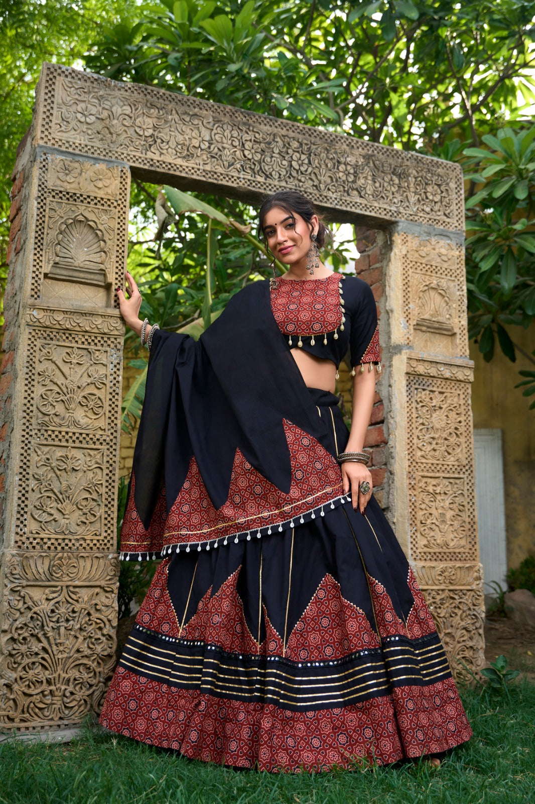 Black Ajrakh Print Lehenga Choli Set with Shell Detailing and Dupatta