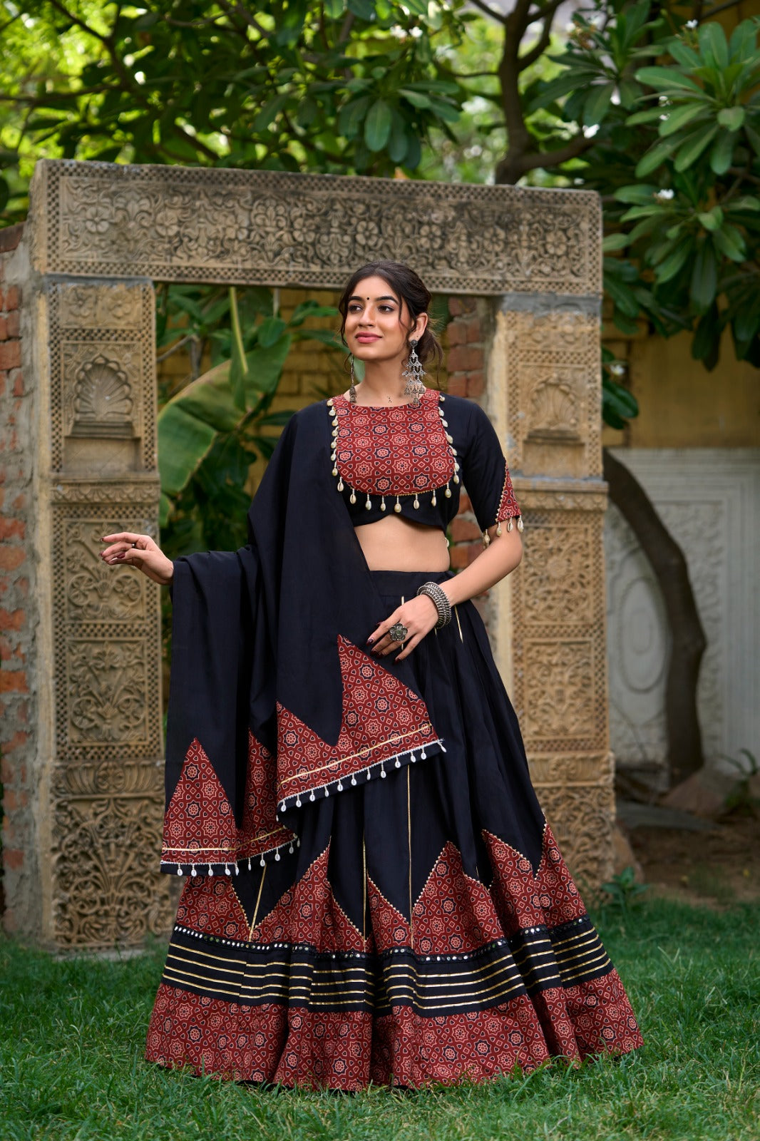 Black Ajrakh Print Lehenga Choli Set with Shell Detailing and Dupatta