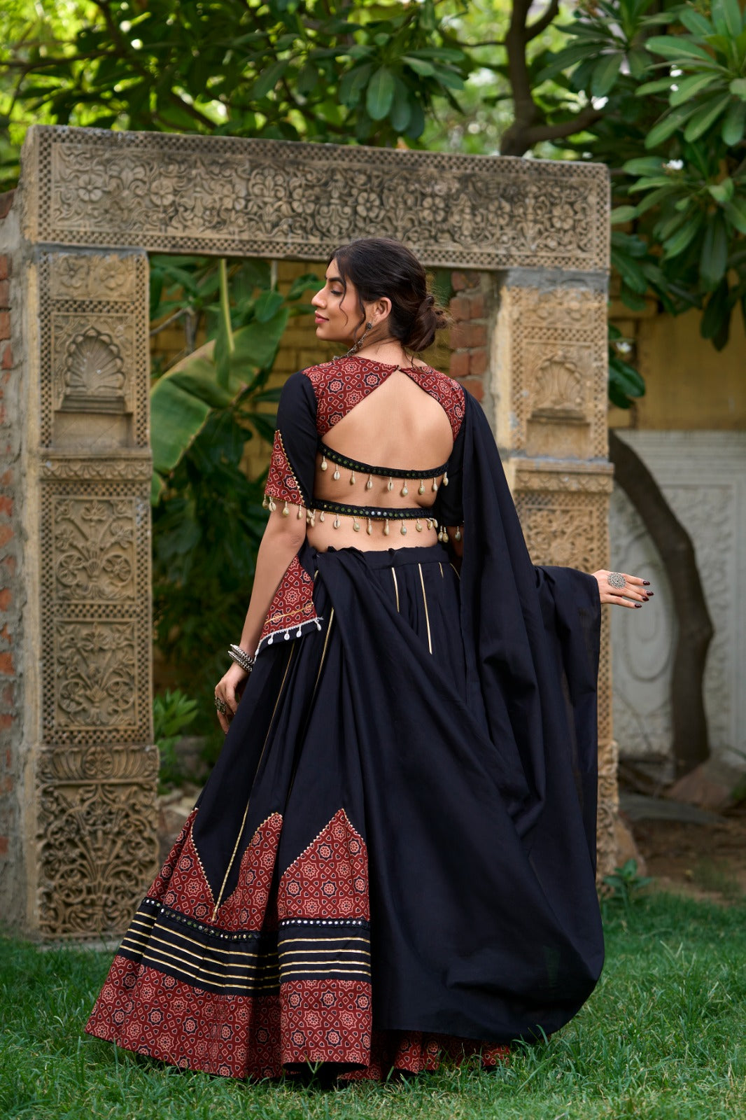 Black Ajrakh Print Lehenga Choli Set with Shell Detailing and Dupatta