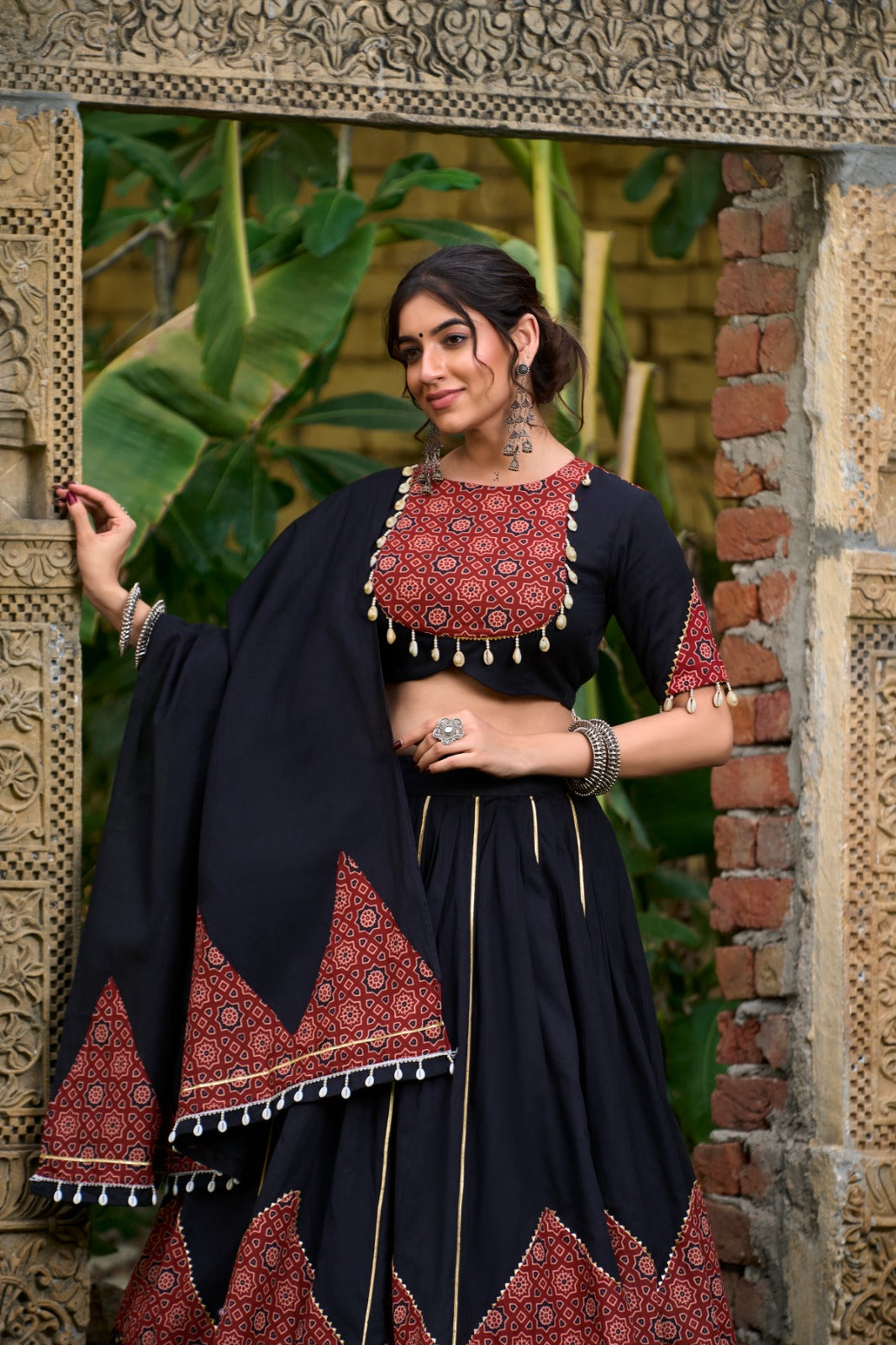 Black Ajrakh Print Lehenga Choli Set with Shell Detailing and Dupatta