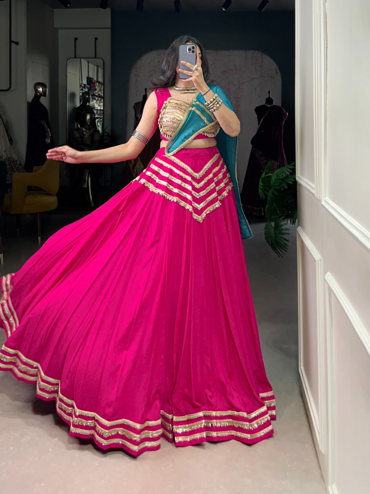 Fuchsia Pink Designer Lehenga Choli with Golden Blouse and Teal Dupatta