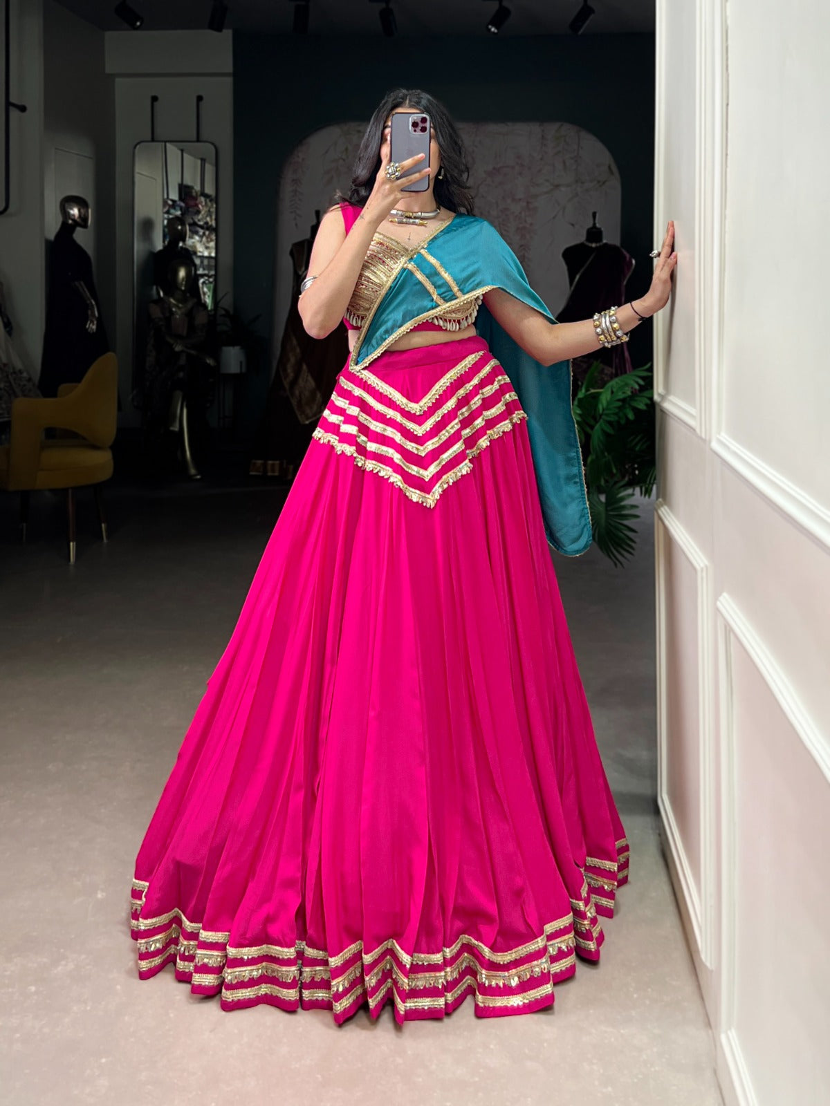 Fuchsia Pink Designer Lehenga Choli with Golden Blouse and Teal Dupatta