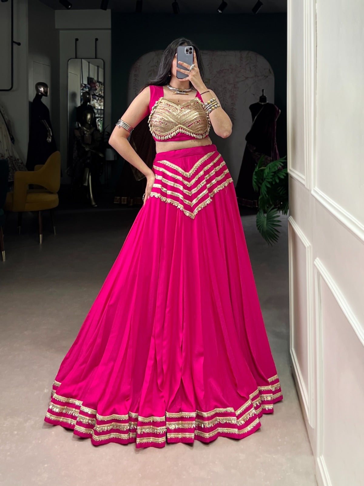 Fuchsia Pink Designer Lehenga Choli with Golden Blouse and Teal Dupatta