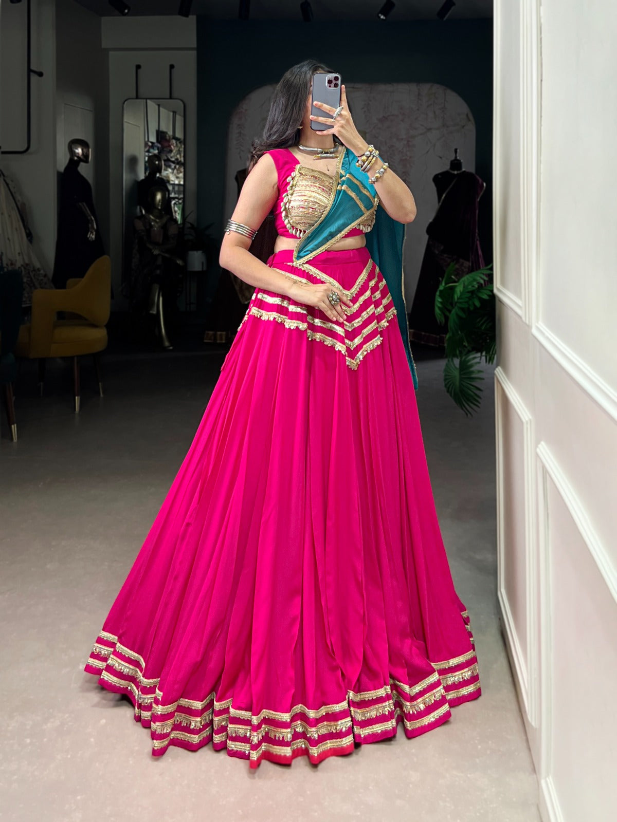 Fuchsia Pink Designer Lehenga Choli with Golden Blouse and Teal Dupatta