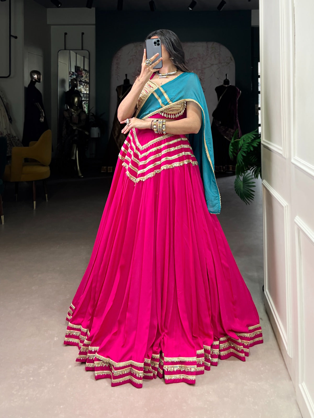 Fuchsia Pink Designer Lehenga Choli with Golden Blouse and Teal Dupatta