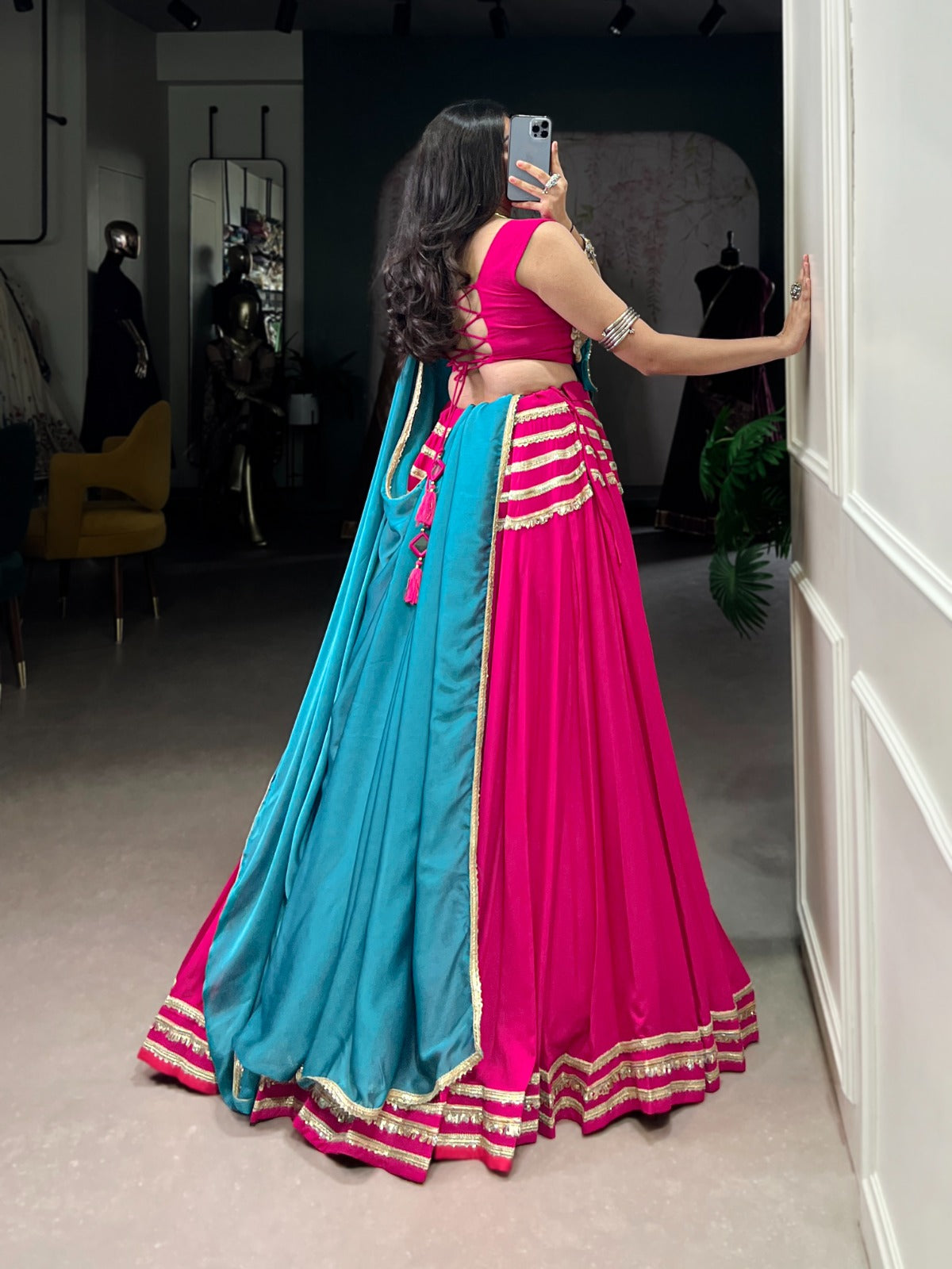 Fuchsia Pink Designer Lehenga Choli with Golden Blouse and Teal Dupatta