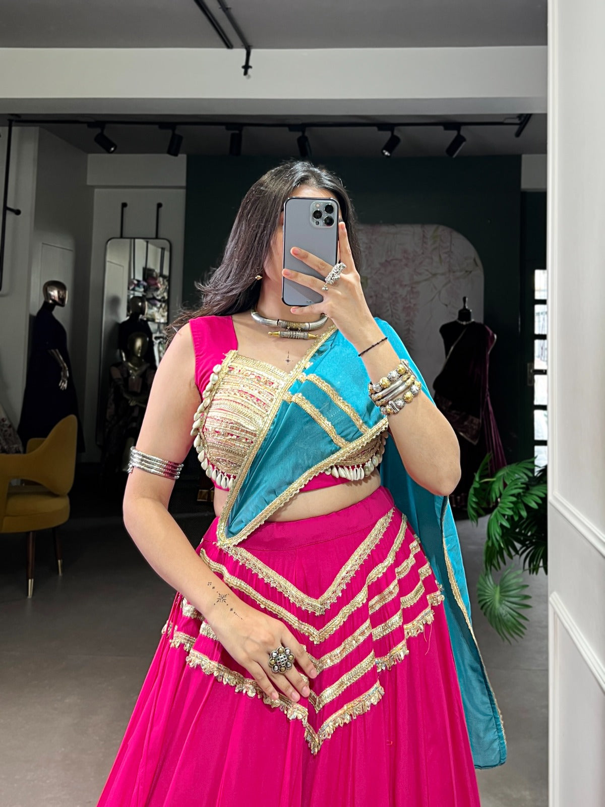 Fuchsia Pink Designer Lehenga Choli with Golden Blouse and Teal Dupatta