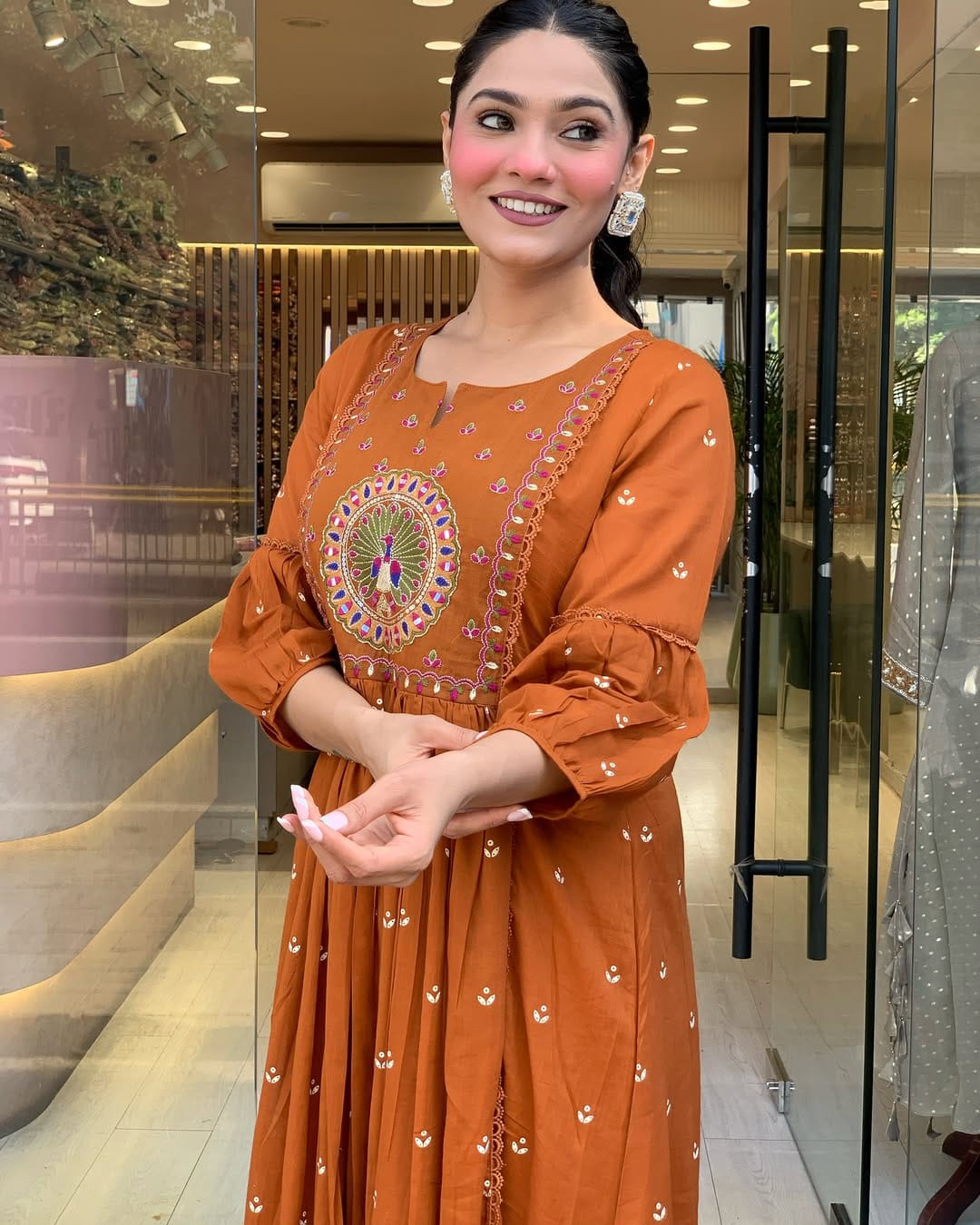 Rust Orange Anarkali Kurta Set with Dupatta and Intricate Embroidery