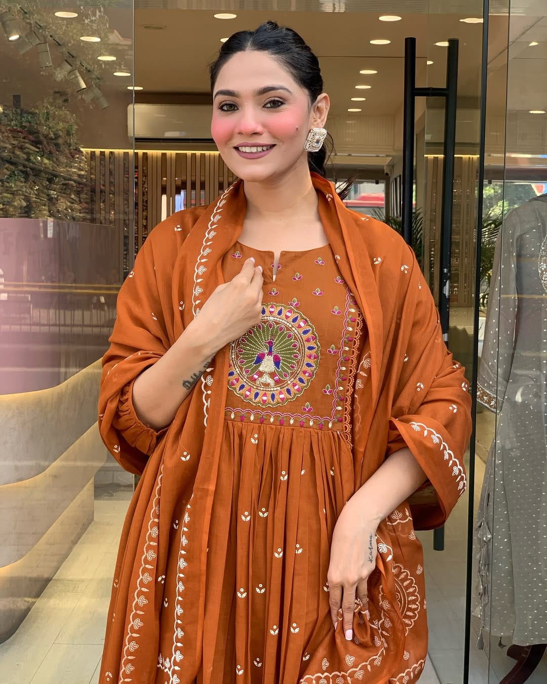 Rust Orange Anarkali Kurta Set with Dupatta and Intricate Embroidery