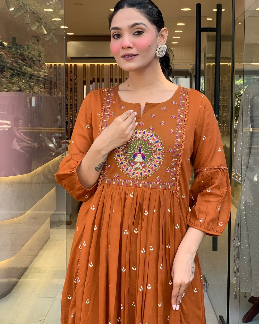 Rust Orange Anarkali Kurta Set with Dupatta and Intricate Embroidery