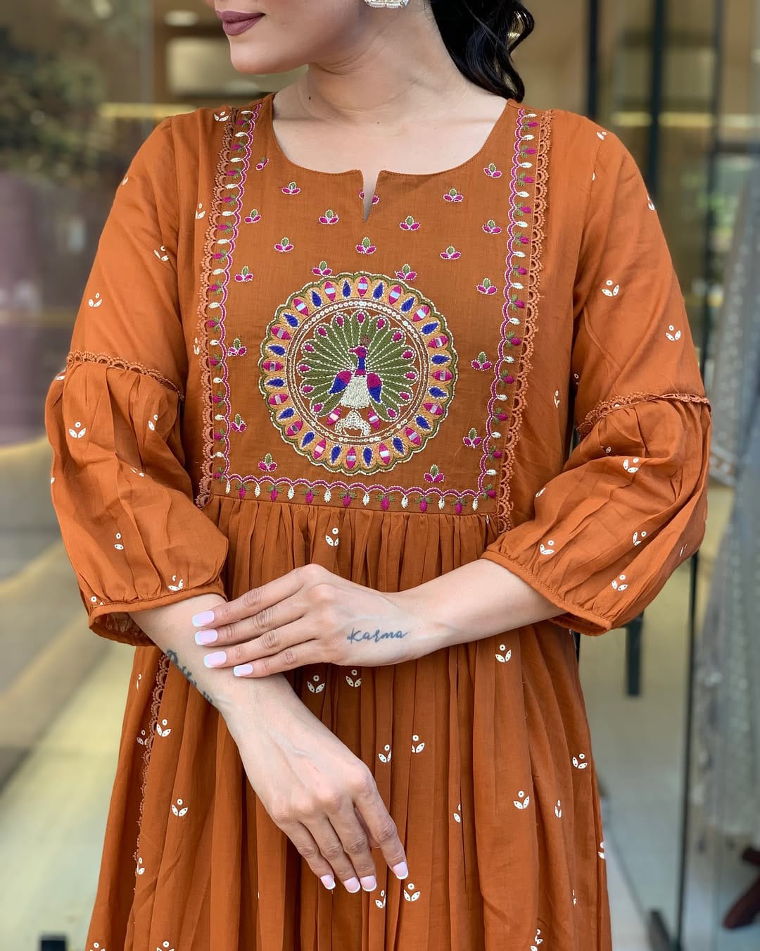 Rust Orange Anarkali Kurta Set with Dupatta and Intricate Embroidery