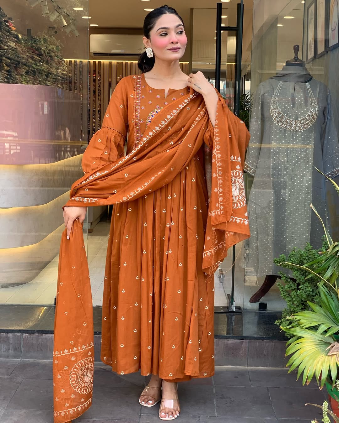 Rust Orange Anarkali Kurta Set with Dupatta and Intricate Embroidery