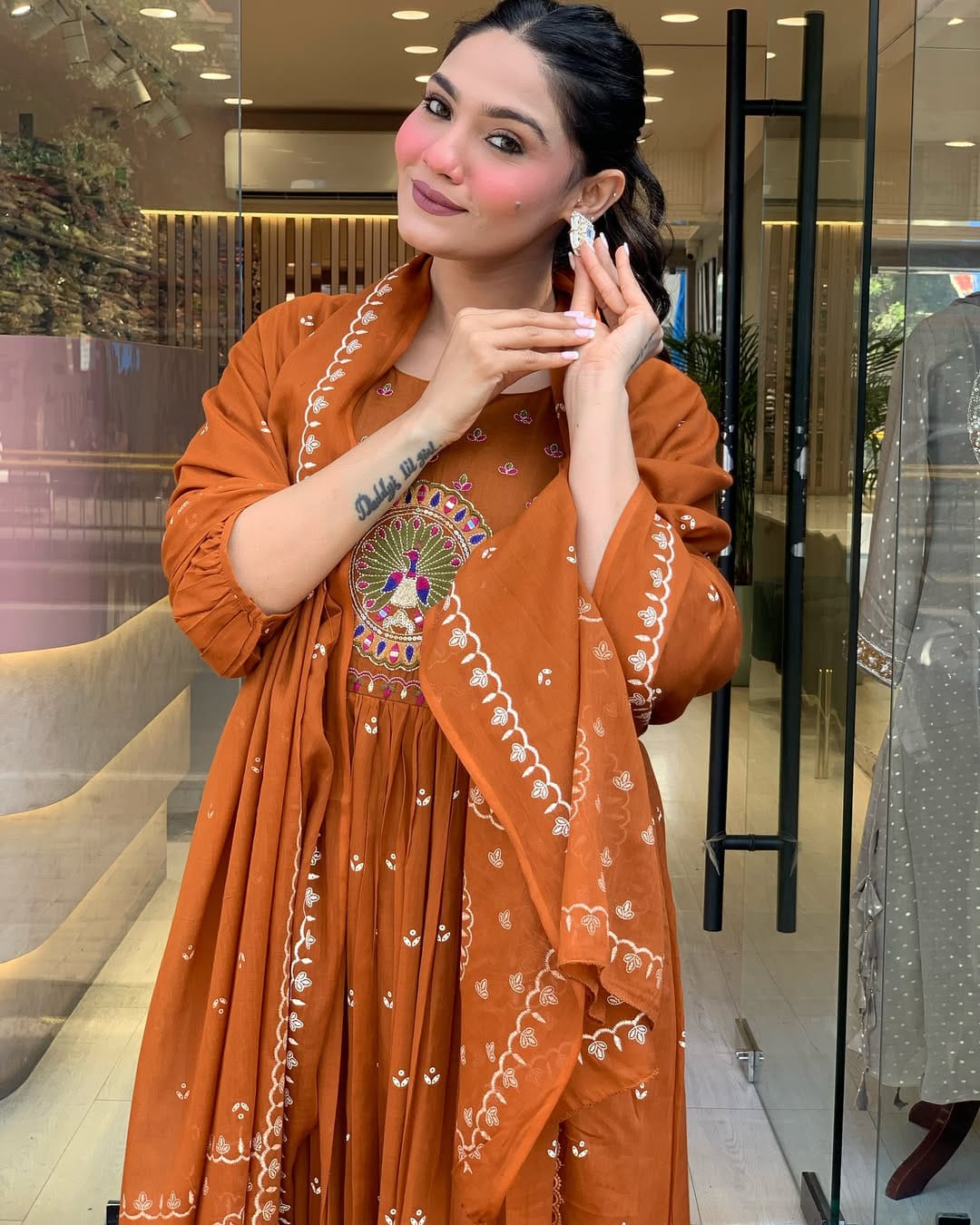 Rust Orange Anarkali Kurta Set with Dupatta and Intricate Embroidery