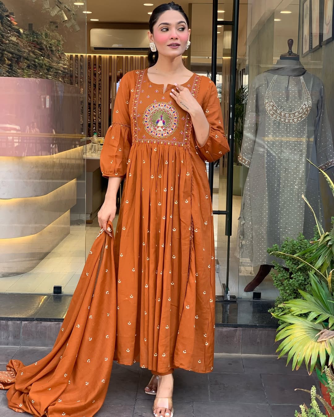 Rust Orange Anarkali Kurta Set with Dupatta and Intricate Embroidery
