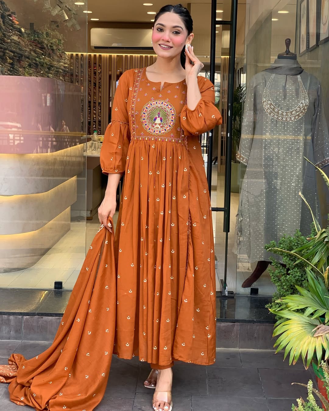Rust Orange Anarkali Kurta Set with Dupatta and Intricate Embroidery