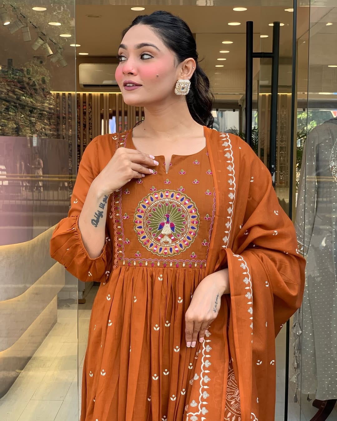 Rust Orange Anarkali Kurta Set with Dupatta and Intricate Embroidery