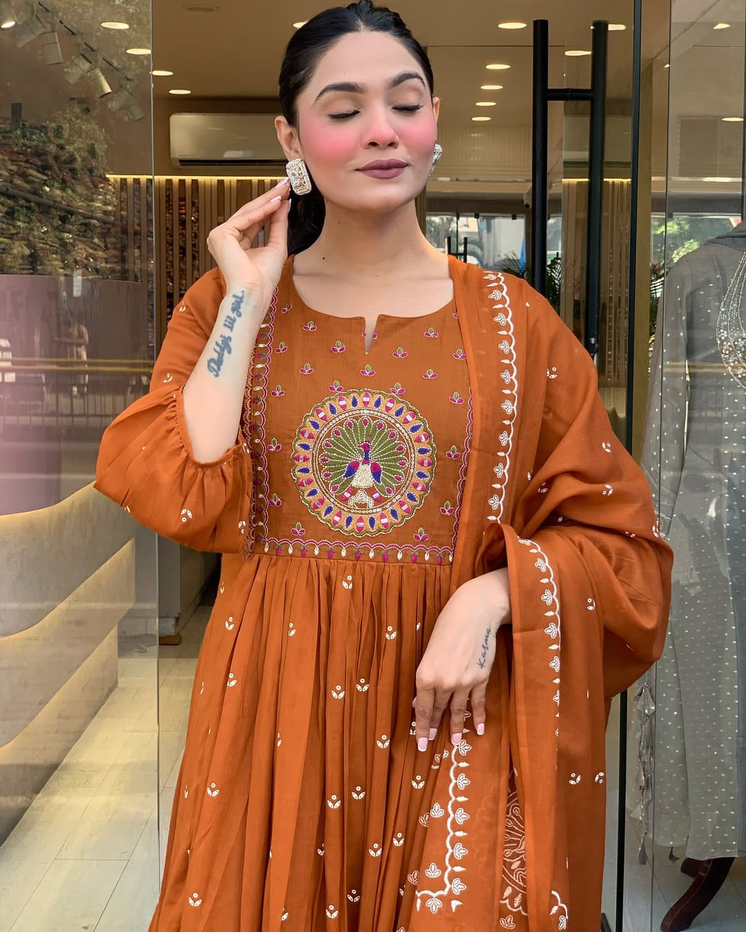 Rust Orange Anarkali Kurta Set with Dupatta and Intricate Embroidery